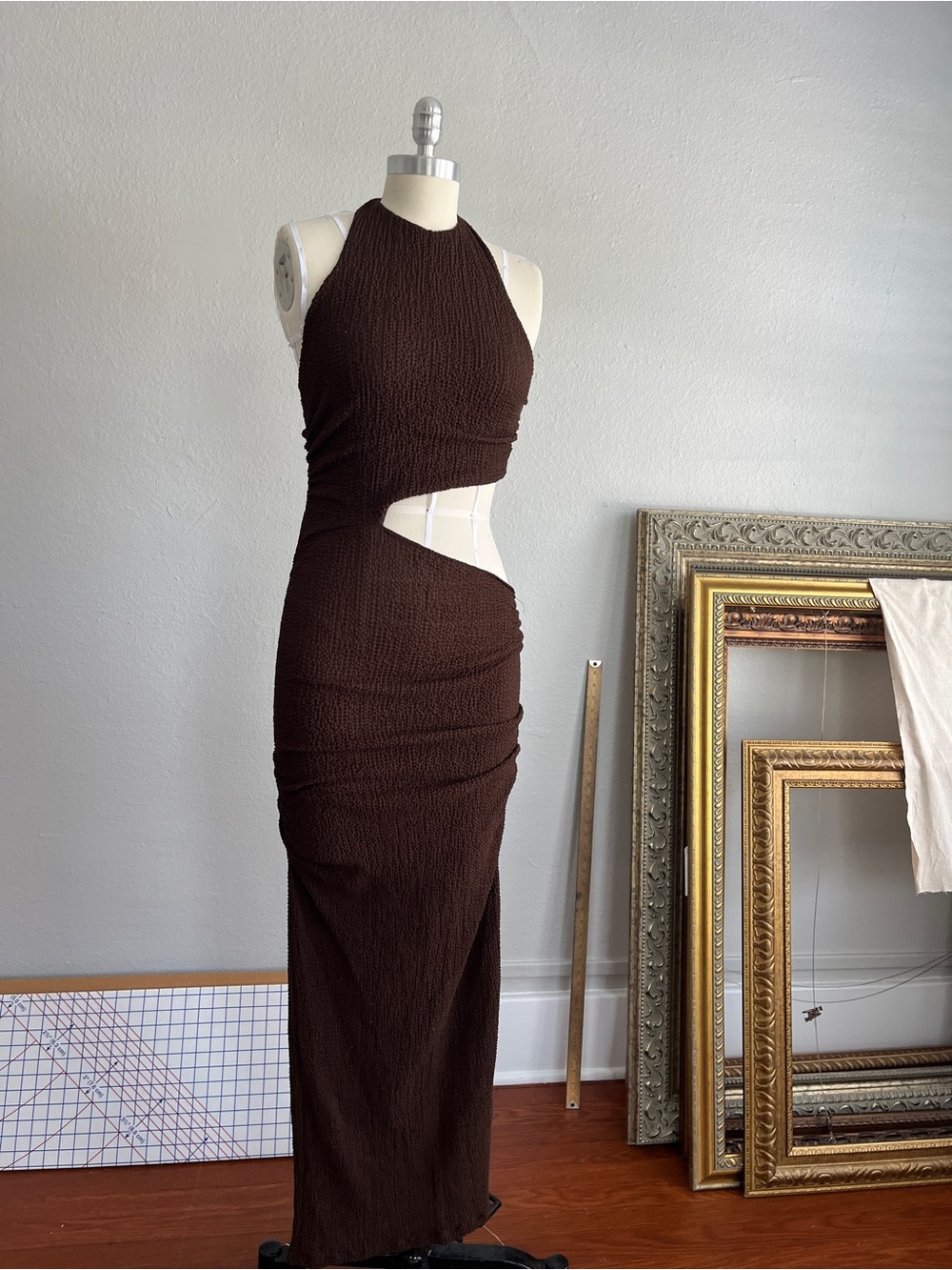 Zara Chocolate Brown Cutout Halter Maxi Dress